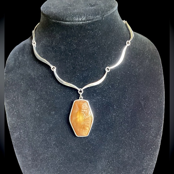 Vintage Givenchy Amber Pendant Silver Necklace